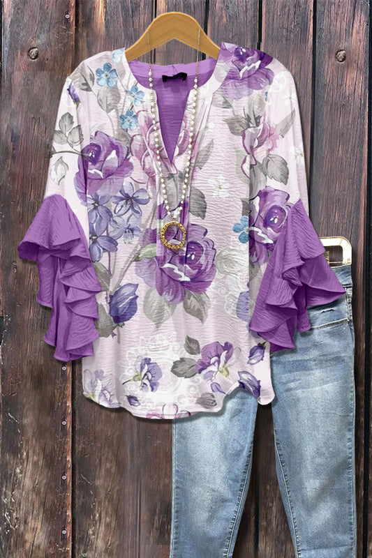 Elegant Floral Print Ruffle Sleeve Top