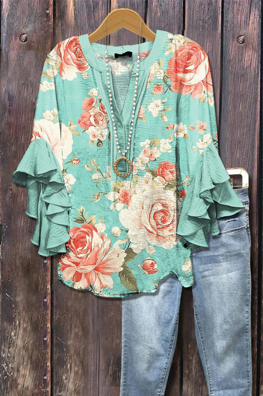 Elegant Floral Print Ruffle Sleeve Top