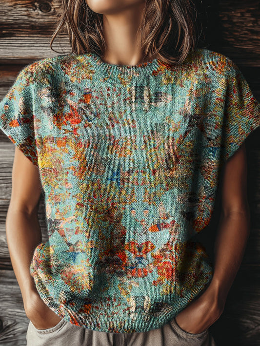 Women's Vintage Floral Art Print Casual Crew Neck Short Sleeve Knitted Sweater