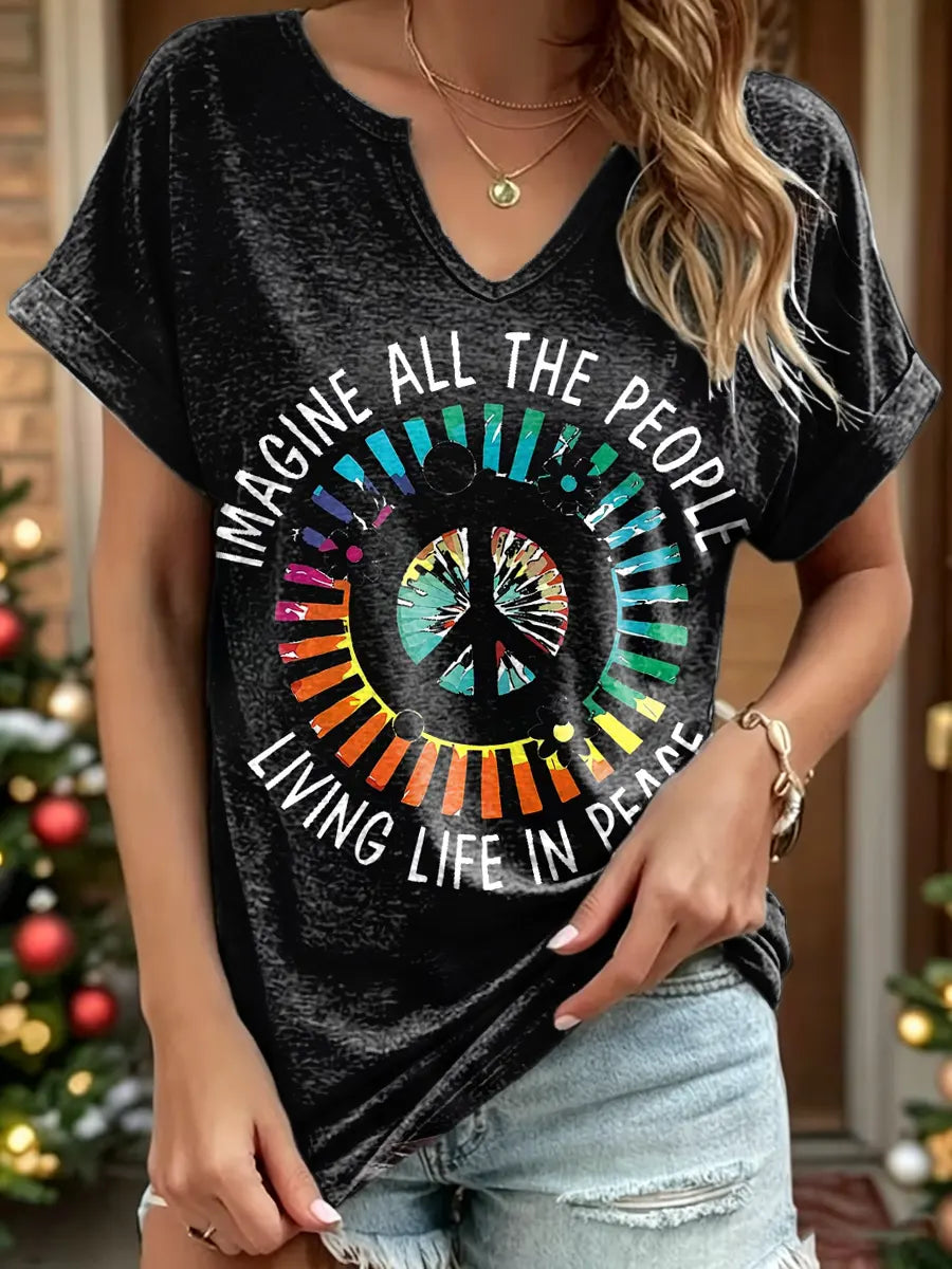 Women's Imagine All The People Living Life In Peace Print V-Neck Cotton T-Shirt
