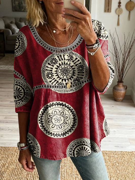 Women's Floral Pattern Art Print Casual Round Neck Lace-up Top