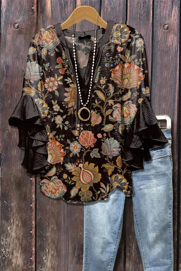 Elegant Ethnic Floral Print Ruffle Sleeve Top