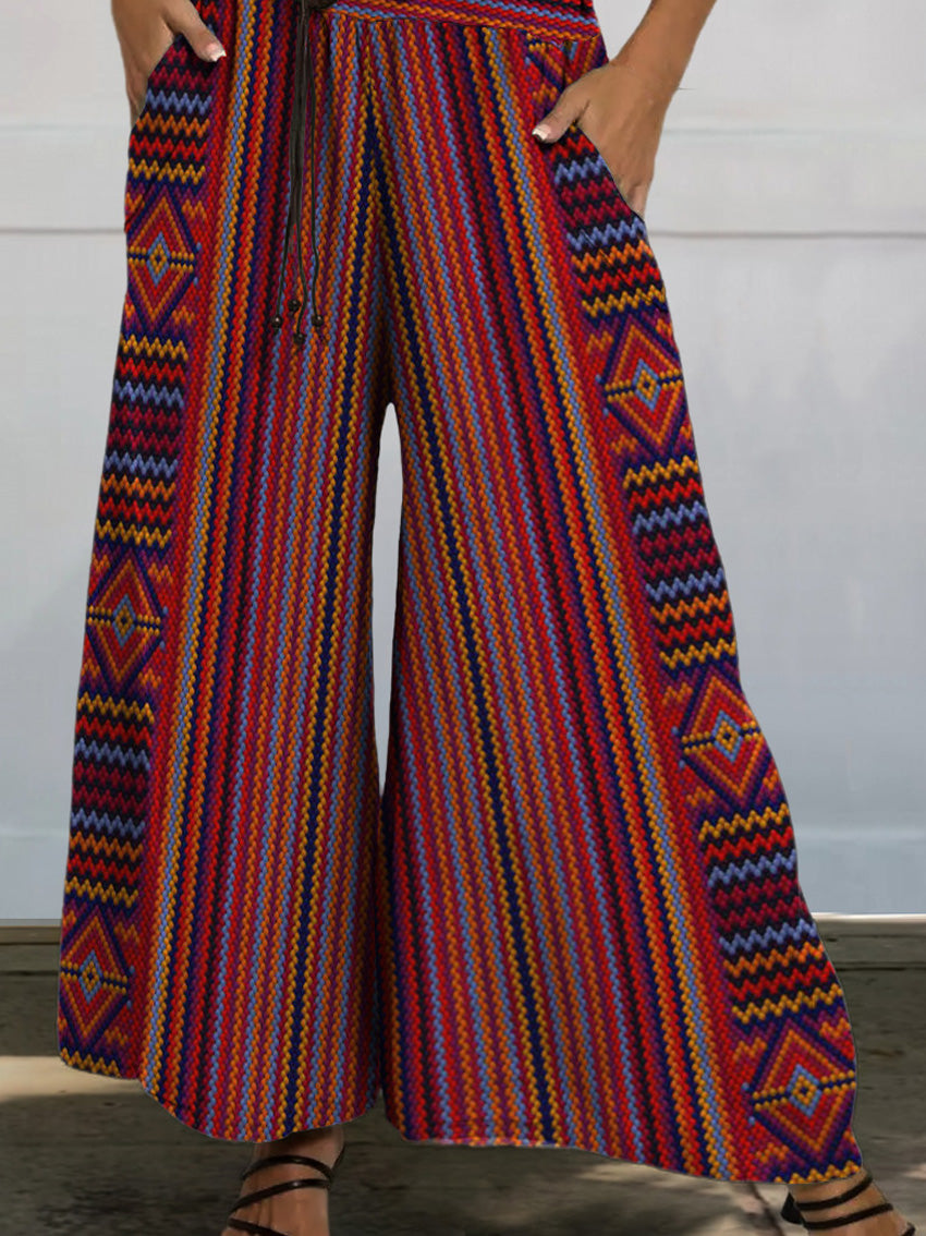 Multicolor Ethnic Pattern Printed Women's Cotton And Linen Casual Wide-Leg Pants