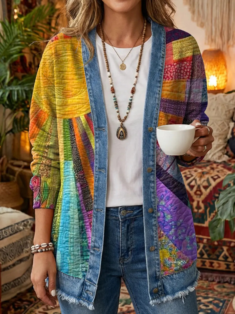 Vintage Sun Patchwork Women's Art Print Casual Long Sleeve Shirt Coat