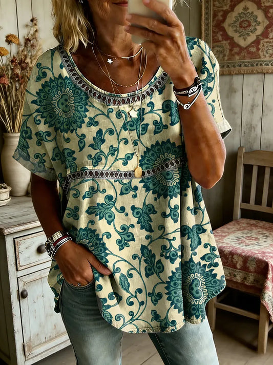 Women's Folk Floral Art Print Round Neck Short Sleeve Hollow-Out Shirt