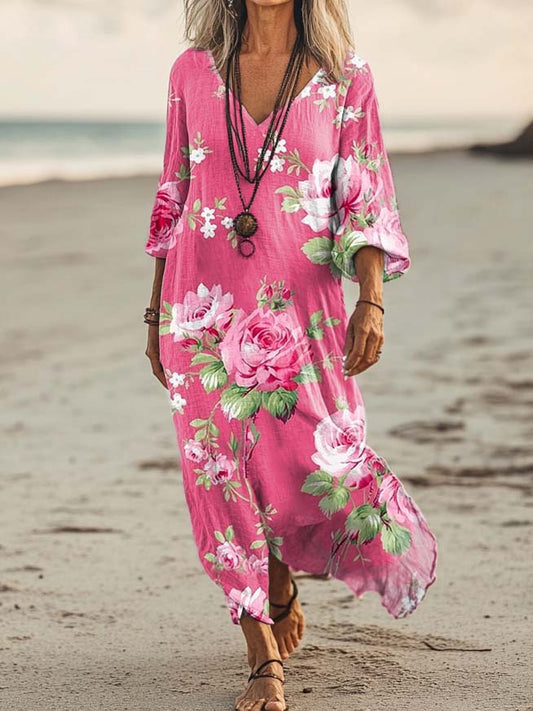 Women's Floral Art Print Pocket Cotton Dress