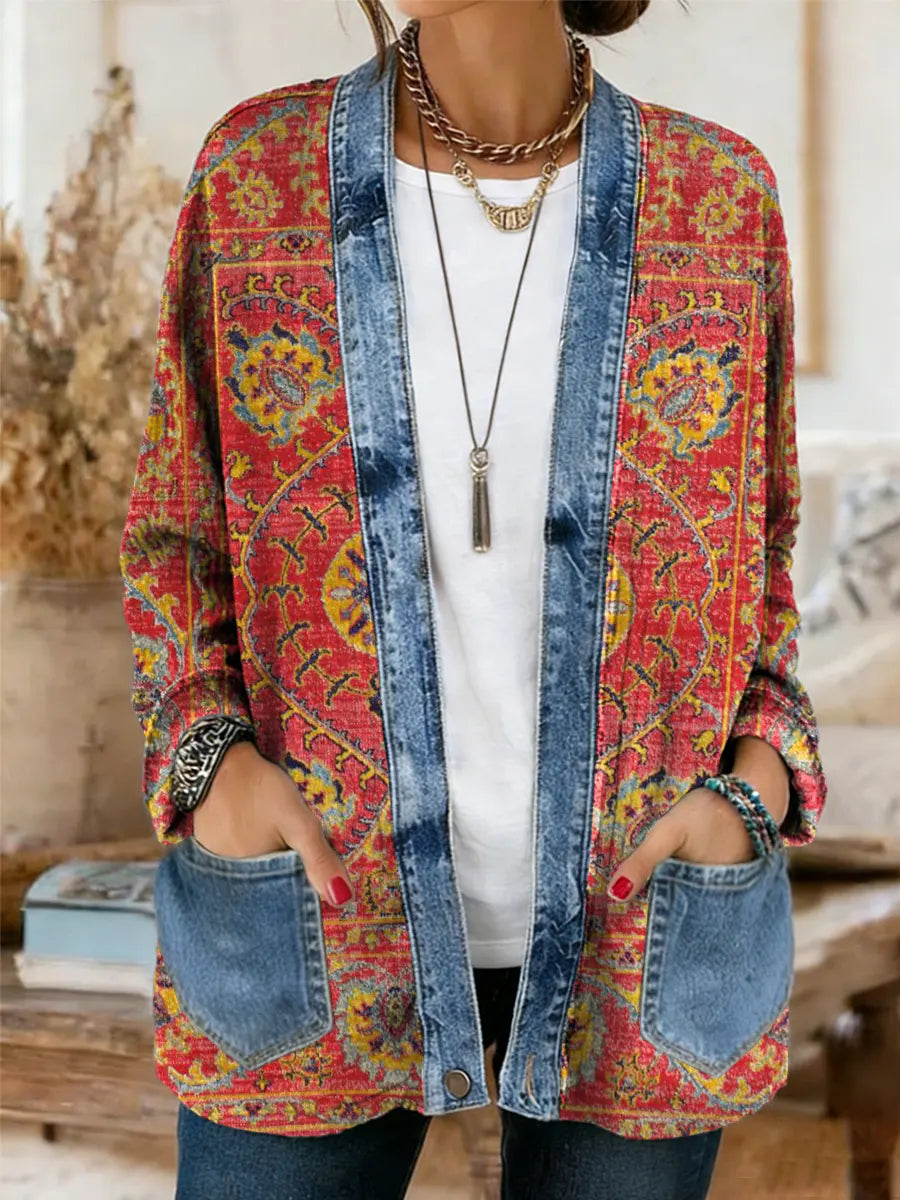 Vintage National Flower Women's Casual Long Sleeve Comfortable Denim Mix Cardigan