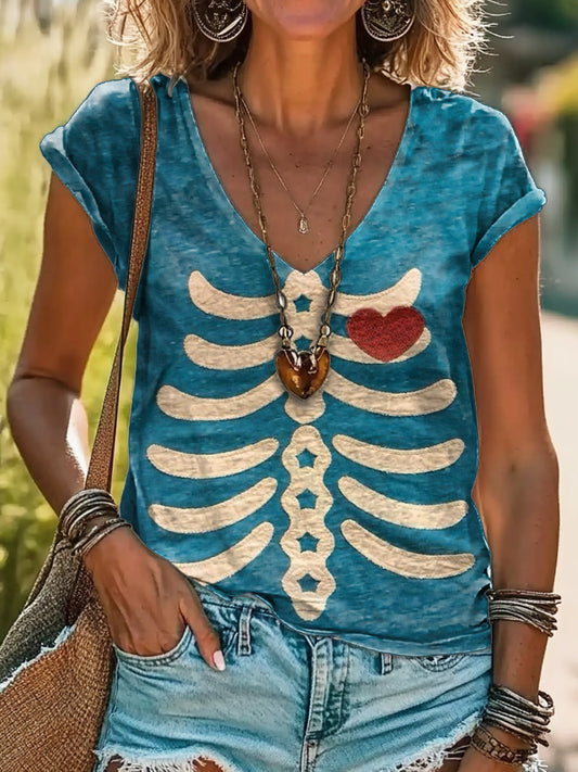 Ribbed Art Print 100% Cotton V-neck T-shirt