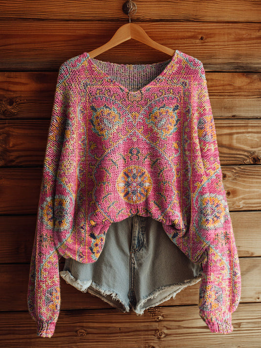 Women's Retro Floral Print Art Casual Pullover Sweater