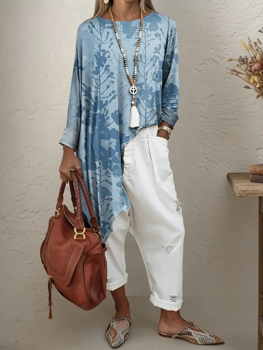 Ethnicity Geometry Leaves Women's Print Irregular Hem Cotton Long-sleeve T-shirt
