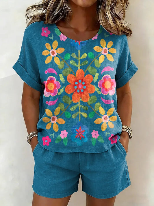 Women's Bohemian Floral Art Print Shirt & Shorts Two-Piece Set
