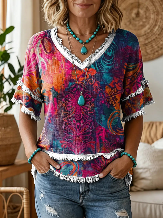 Women's Retro Hippie Ethnic Floral Art Print V-Neck Tasseled Cotton Top