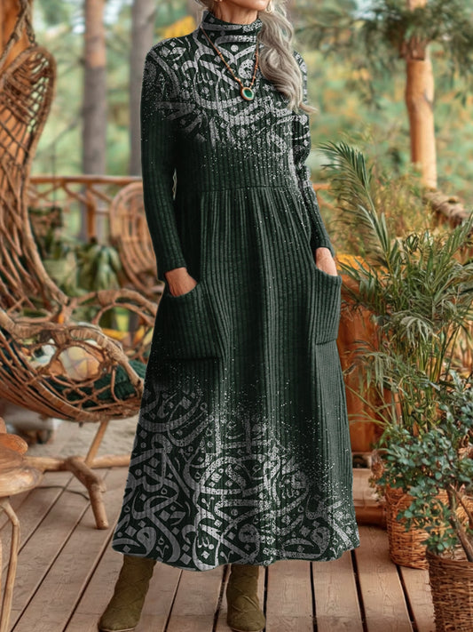Women's Vintage Green Gradient Art Prints Elegant High Neck Pockets Knit Dresses