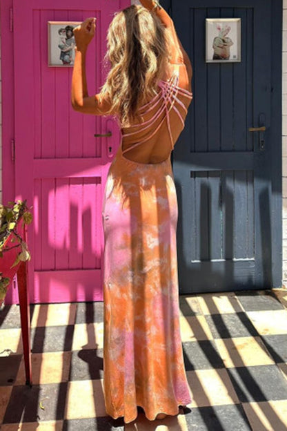 La Bamba Tie-dye Print Back Lace-up Stretch Maxi Dress