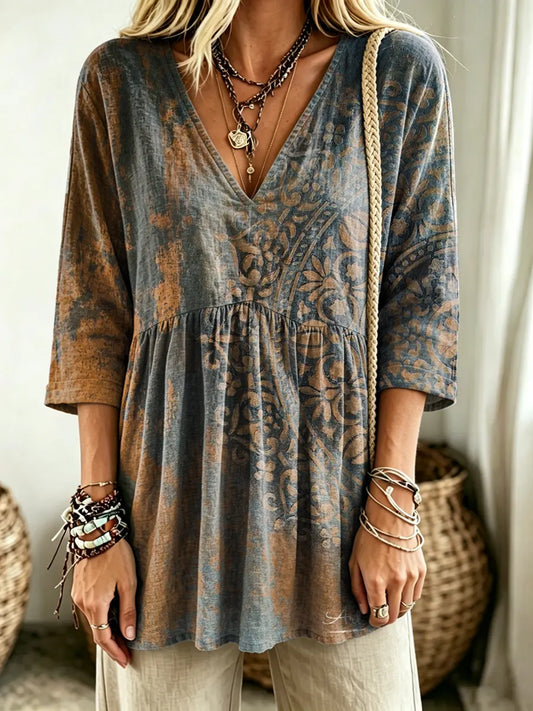 Women's Retro Ethnic Art Print V-neck Casual Blouse