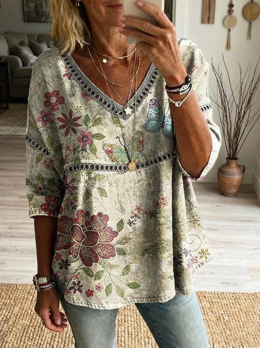 Women's Floral Art Print Casual V-neck Tie-front Top
