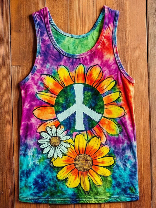 Unisex Tie Dye Daisy Hippie Peace Art Graphic Print Crew Neck Cotton Tank Top