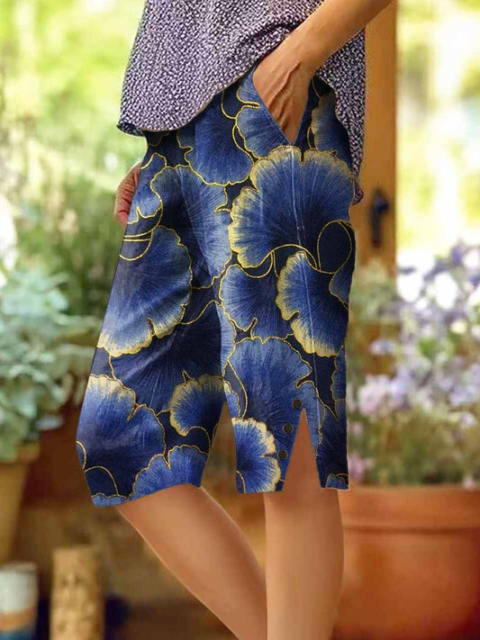 Women's Vintage Floral Art Printed Cotton And Linen Casual Pants