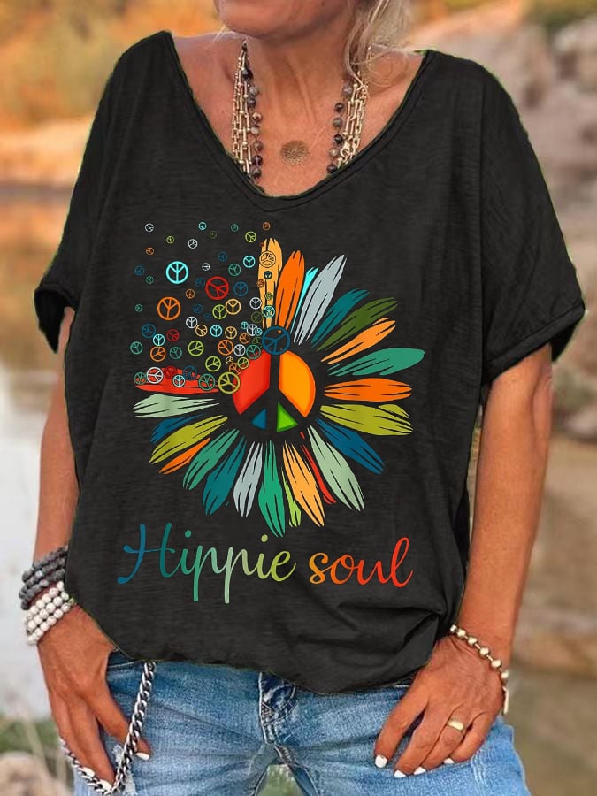 Women'S Sunflower Peace Sign Hippie Soul Print T-Shirt