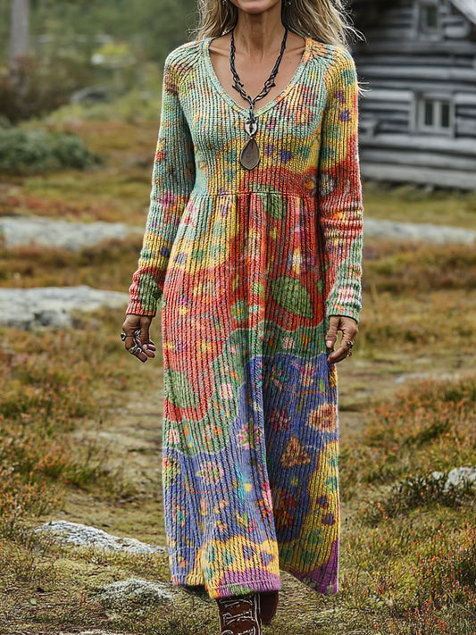 Women's Retro Colorful Art Print Casual Long Sleeve V-Neck Cotton Knit Dress
