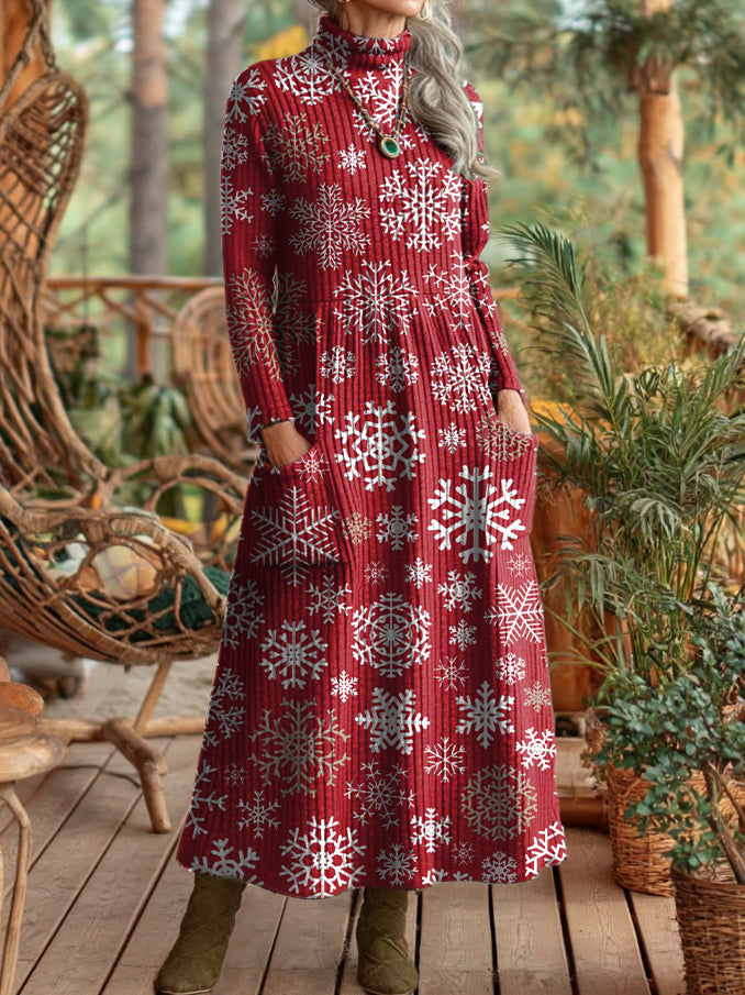 Women's Vintage Red Snowflake Christmas Art Prints Elegant High Neck Pocket Knit Dresses