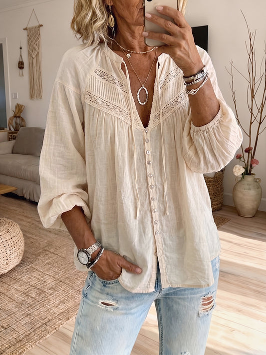 Women's Vintage Art Print Casual Lace Edge Cotton And Linen Shirt