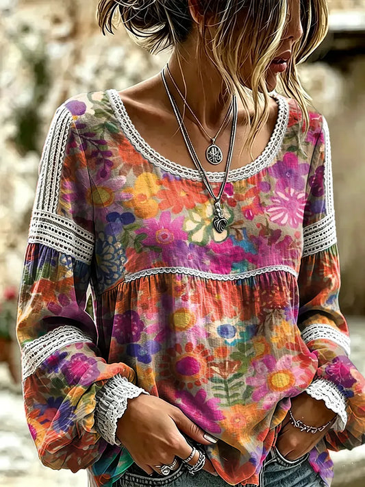 Women's Multicolor Watercolor Floral Print Lace Trim Blouse