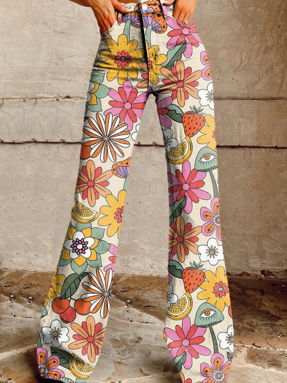 Women's Vintage Hippie Flowers Print Casual Wide Leg Pants