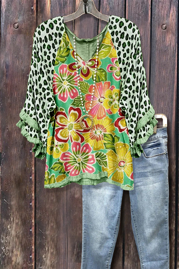 Retro Floral Print Leopard Sleeve Top