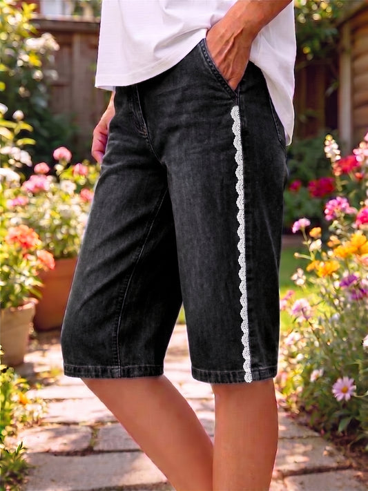 Women's Art Print Casual Cotton Denim Lace Edge Pants