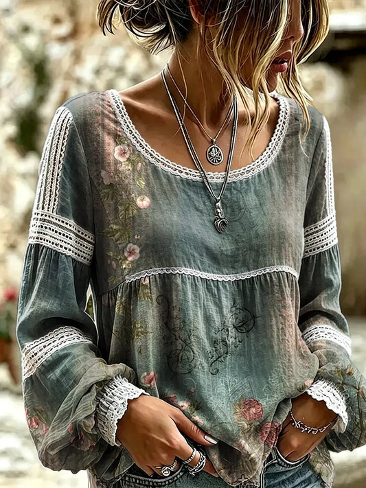 Ethnicity Vintage Flowers Geometry Women's Art Print Casual Lace Print Blouse Shirt