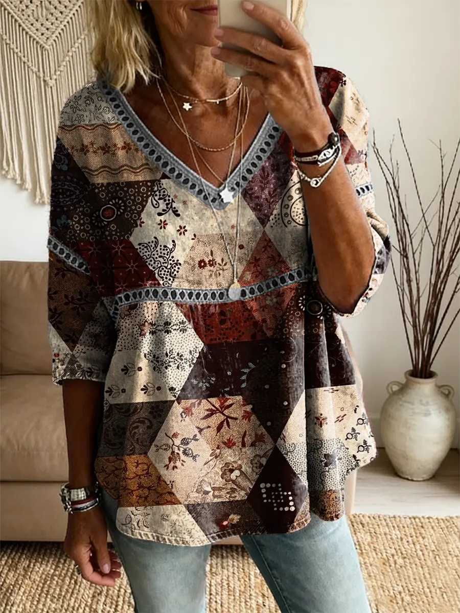 Ethnicity Patchwork Rhombus Women's Vintage Art Print Casual V Neck Cutout Top