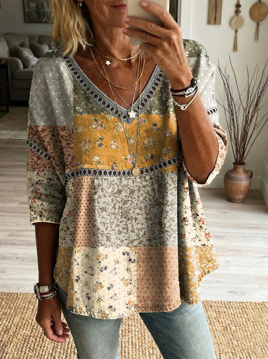 Women's Floral Art Print Casual V-neck Tie-front Top