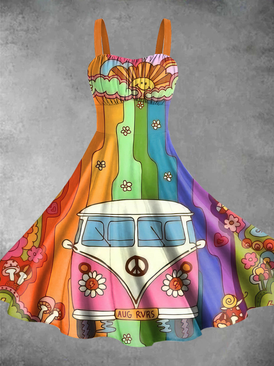 Vintage Hippie Camper Van Print Backless Dress