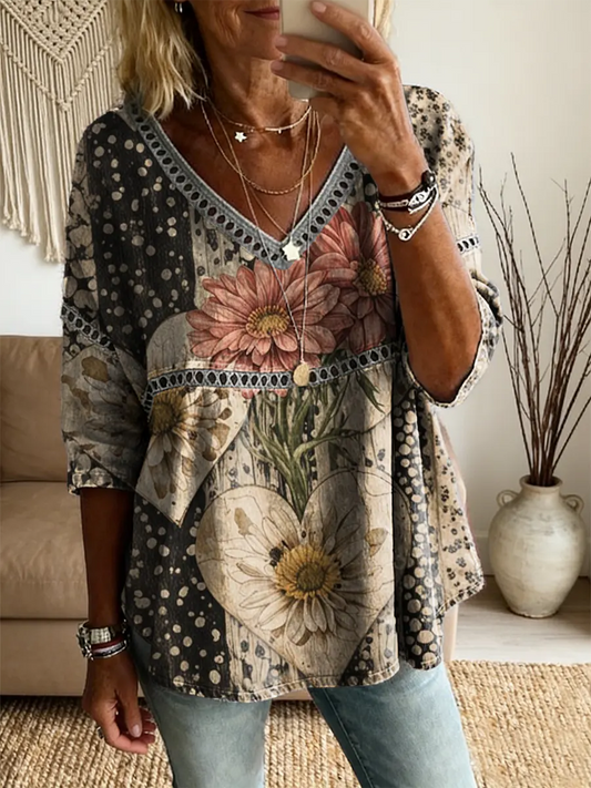 Ethnicity Bohemia Flowers Love Women's Vintage Art Print Casual V Neck Cutout Top