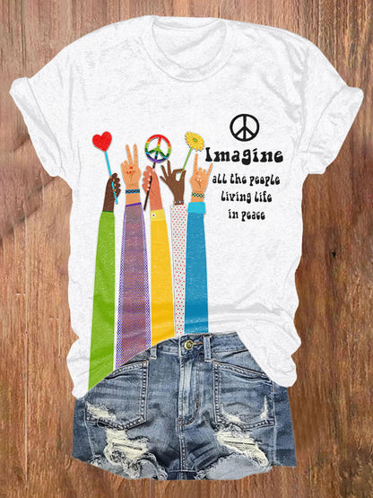 Retro Hippie Imagine All The People Living Life In Peace Print Shirt