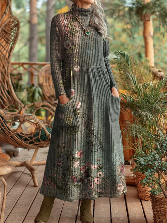 Women's Vintage Green Floral Art Print Elegant High Neck Pocket Knit Dresses