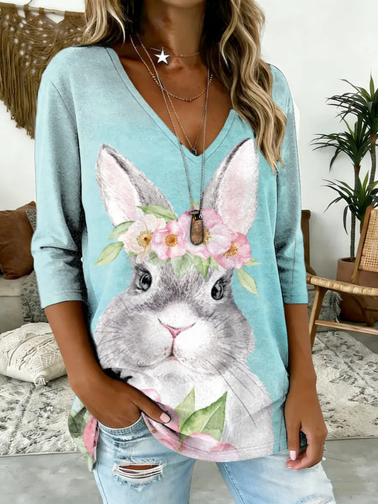 Women's Easter Bunny Print V-neck Comfortable T-shirt