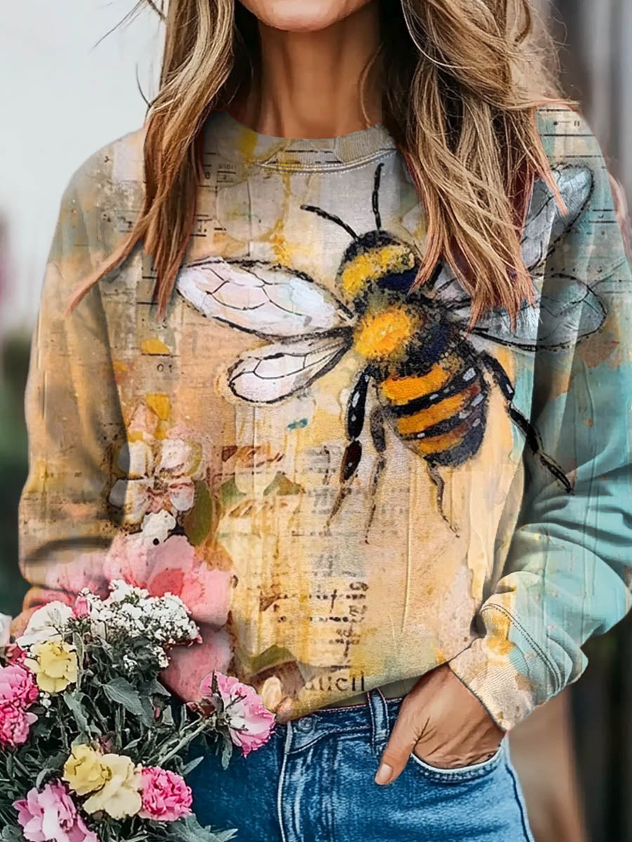 Women's Vintage Bee Print Casual Crew Neck Sweatshirt