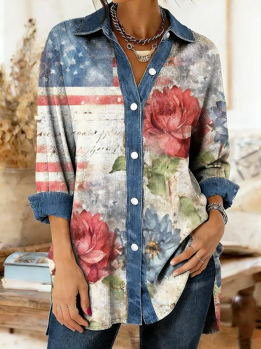 Women's Floral Flag Art Print Denim Patchwork Casual Shirt