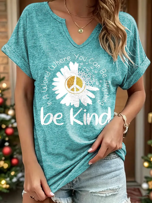 Women's Hippie Daisy Print V-Neck Cotton T-Shirt