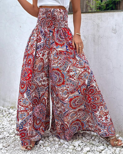 Tribal Print Shirred Wide Leg Pants