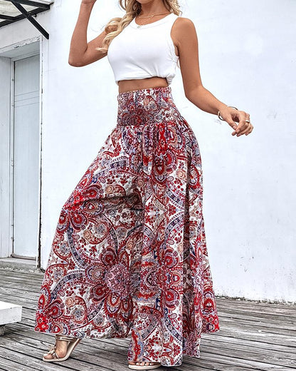 Tribal Print Shirred Wide Leg Pants