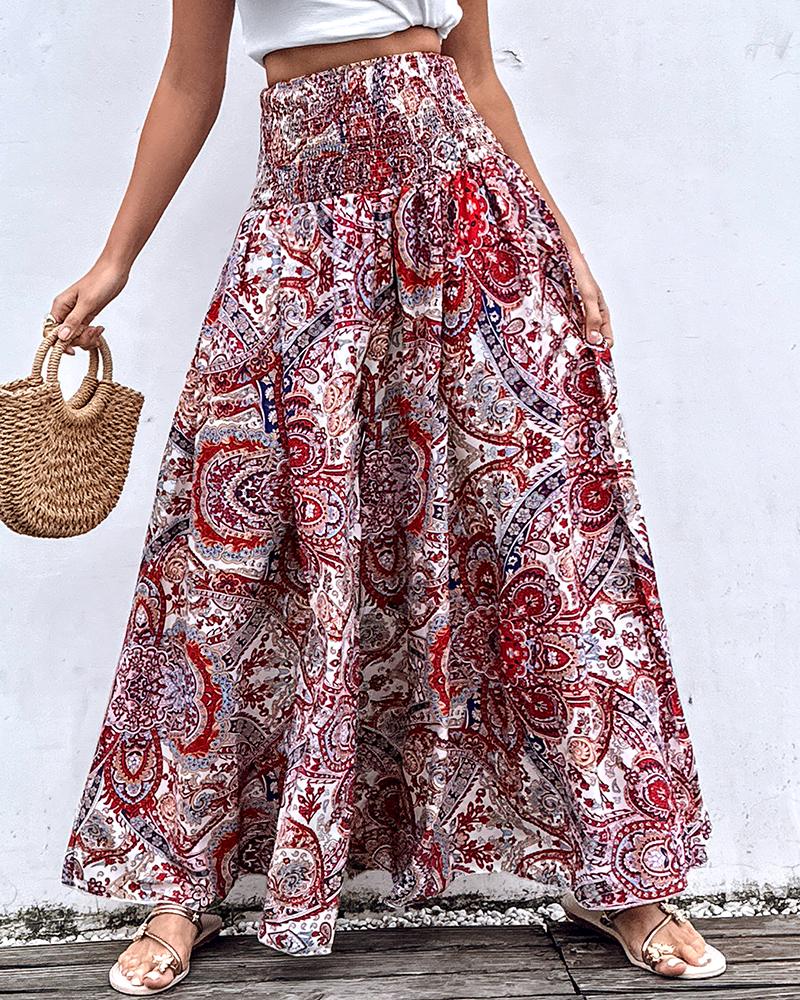 Tribal Print Shirred Wide Leg Pants