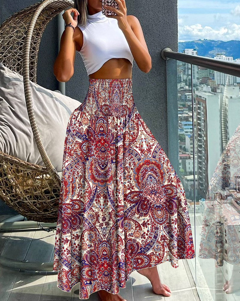 Tribal Print Shirred Wide Leg Pants