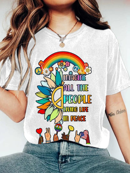 Retro Hippie Imagine All The People Living Life In Peace Print T-Shirt