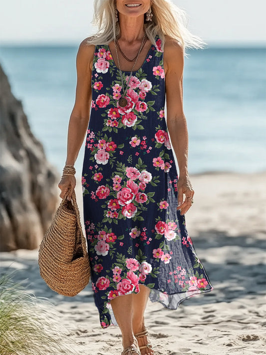 Women's Retro Flower Print Round Neck Sleeveless Pocket Linen Dress