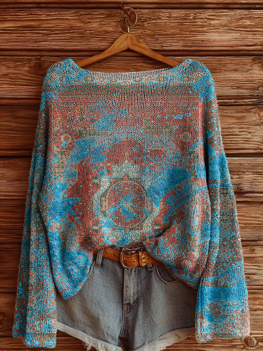 Women's Vintage Ethnic Floral Art Print Casual Pullover Sweater