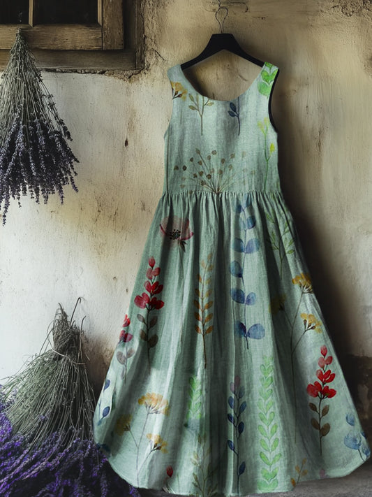 Women's Floral Art Print Round Neck Sleeveless Cotton Pocket Dresses