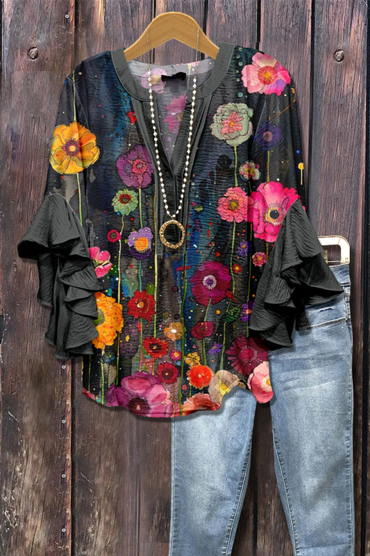 Colorful Art Floral Print Ruffle Sleeve Top